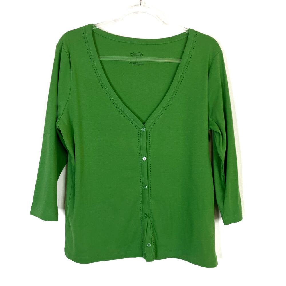 Talbots Vintage Green Cardigan Sweater 3/4 Sleeve Cotton Spandex Womens Large